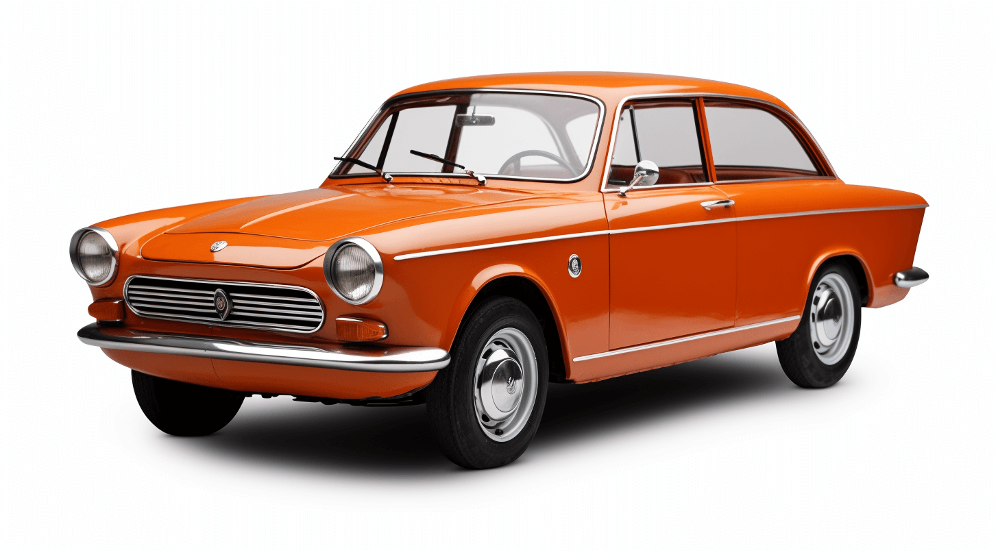 A photorealistic picture of an orange small family car from the sixties with four doors on white background,