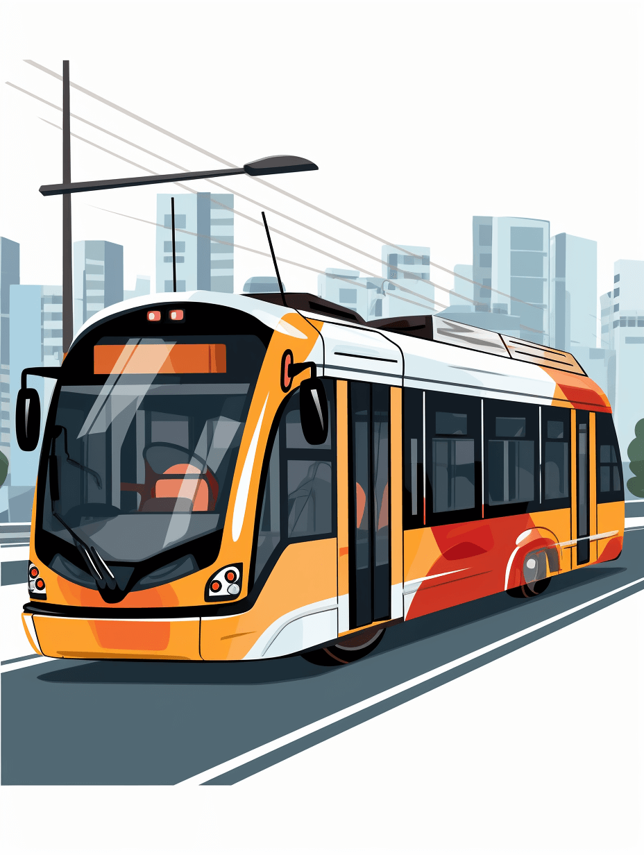 A modern streetcar driving down the road, simple flat vector illustration with white background and orange highlights, modern cityscape in the background