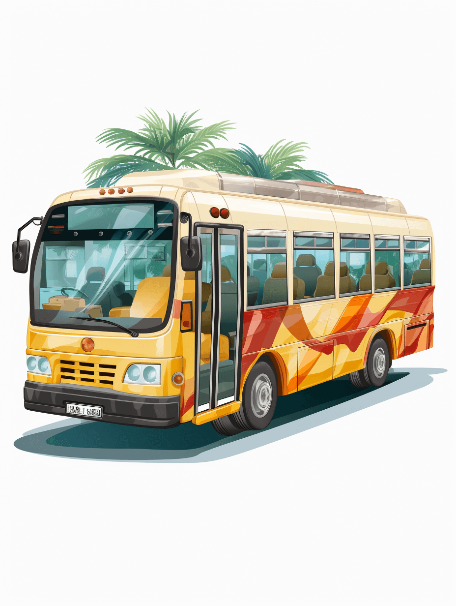 A yellow bus with a palm tree pattern in the style of a cartoon vector illustration on a white background. A large, colorful and detailed travel illustration depicting a comfortable modern school bus for boarding and disembarking passengers on an exclusive, exotic trip around the world in a luxurious style. Vector illustration design for a t-shirt print, isolated on a clean light grey background.