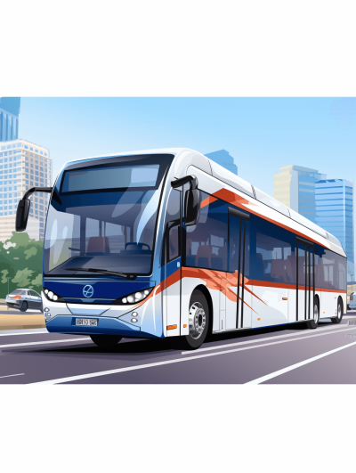 vector illustration of a modern bus traveling on the road, using a white, blue and orange color palette, with a city background, high resolution, and super detailed style. The illustration is in the style of a modern vector artist.