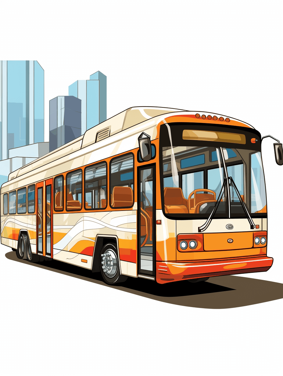 vector graphics, clipart style, bus in the city in the style of bris taxonomy icon with white background, vector illustration, simple shapes, cute cartoonish design, orange and cream color palette, high resolution, high detail, high quality, high sharpness, high definition, high focus, high clarity, high contrast, professional lighting, professional shading, professional photography, professional color grading, isolated on white background