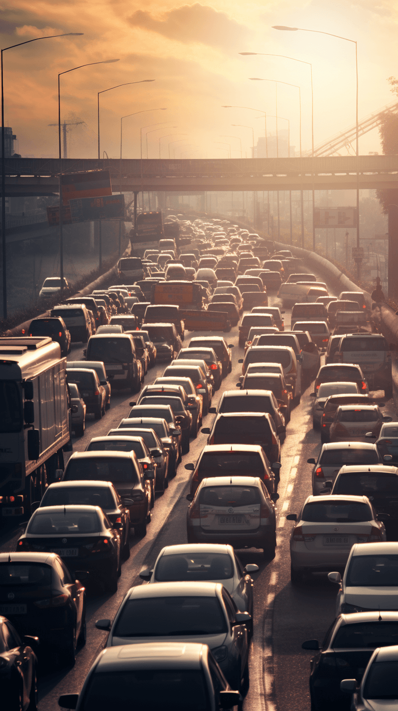 A traffic jam on the highway, with cars and trucks stuck in gridlock during sunset. The scene captures the bustling urban environment of city life.