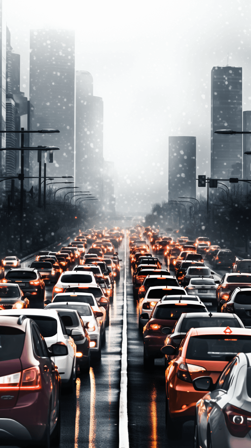 A traffic jam on the highway in front of city buildings, cars full with people and carrisson, snow falling from sky, grey color theme, cinematic photography, hyper realistic