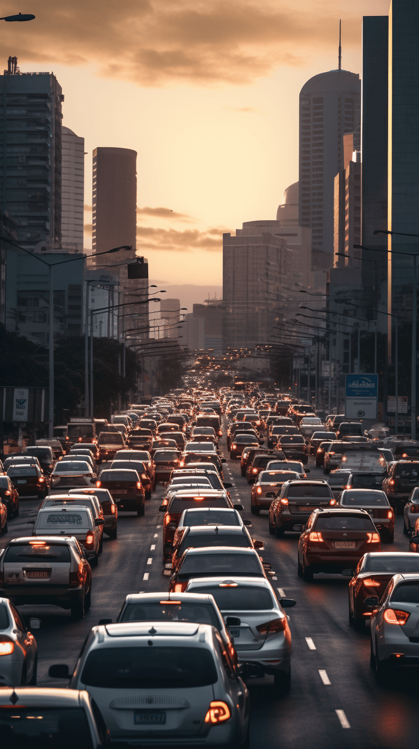 A photo of cars in a traffic jam on the highway, with buildings and skyscrapers visible behind them during sunset. The cityscape is bustling with activity as vehicles create long lines. This scene captures urban life at its most dynamic moment, showcasing the realism of car movements amidst modern architecture.