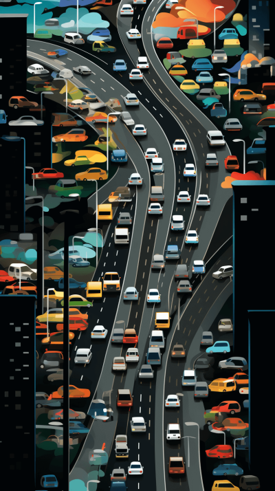 A detailed vector illustration of cars on the highway in traffic, in a colorful cartoon style, with high resolution and no background noise. The illustration has high contrast with a bird's-eye view perspective. The composition includes various vehicles and road signs, creating an immersive scene. This artwork is designed to showcase the bustling urban environment during rush hour, emphasizing the dynamic nature of city life.