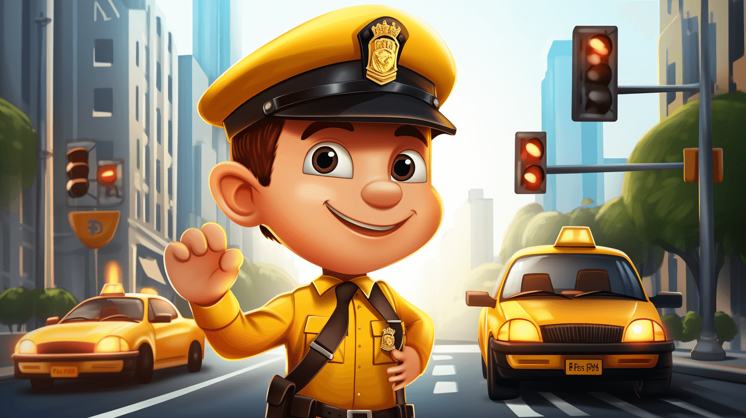 A cartoon illustration of an adorable little police officer wearing a yellow uniform, waving and smiling at the camera while standing on a city street next to two cabs. The character is designed in the style of Pixar with vibrant colors and detailed textures that give it depth and realism. There is also a traffic light above him shining green for ‘go’ as he stands by the side of a busy road filled with cars and buildings. A cute toy car accessory sits beside them. In the background are tall skyscrapers.