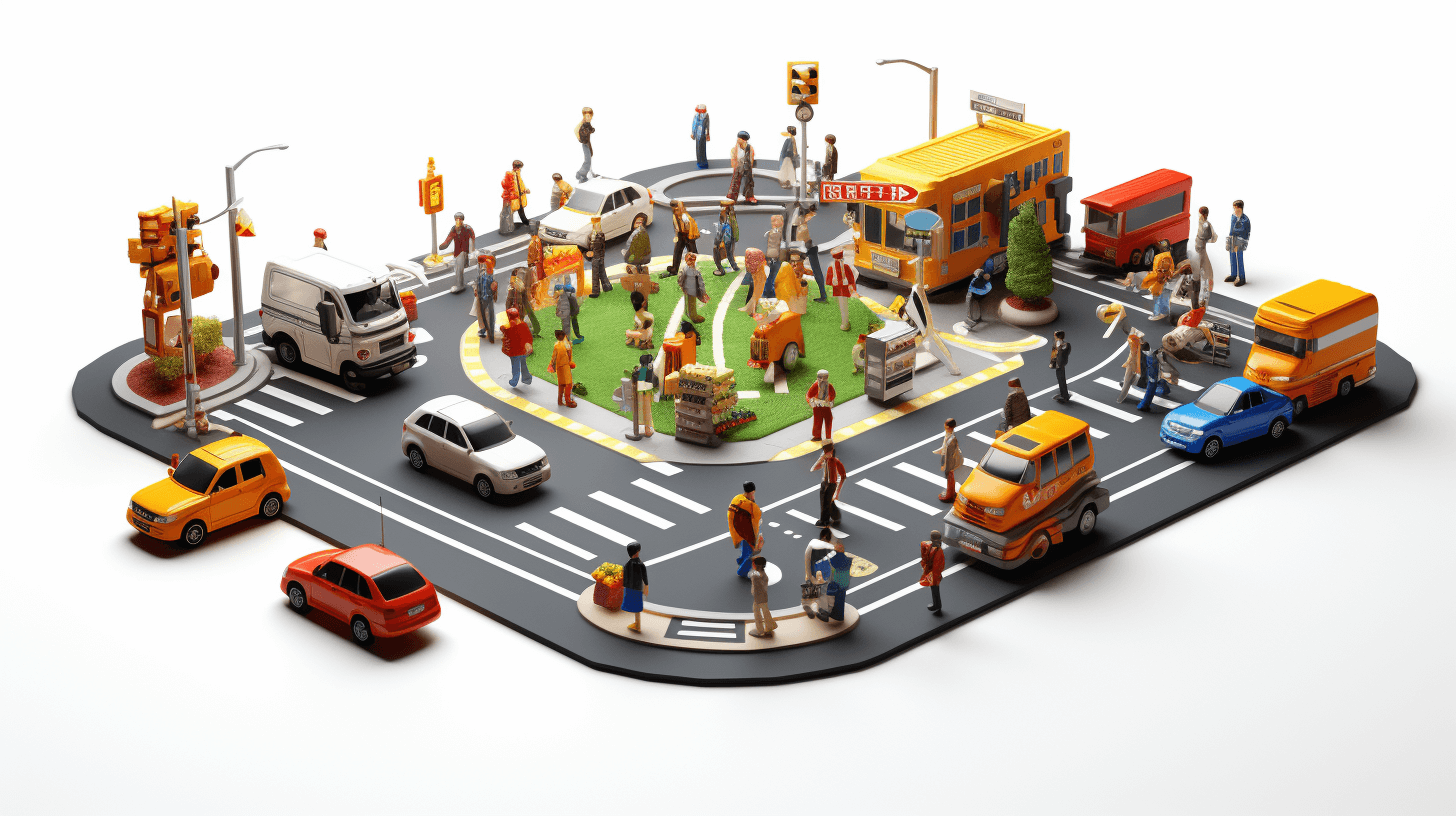 A busy roundabout with cars, people and shopping carts on the road. A school bus is parked at one side of it. The background color should be white. High resolution 3D rendering. This scene can symbolize urban life in New York City or any other city where traffic flow may look similar. It could also represent daily activities like runningPTH consistent to scale, tilt, zoom for depth, perspective and focus effect.