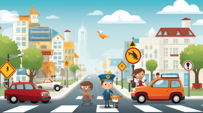 Children crossing the road at an intersection with traffic lights and police officers, cartoon style vector illustration, flat design, cute style, children's book drawing, colorful city background. The illustration is in high resolution, high quality with high details, high definition and high contrast. The style is highly detailed, saturated and colorful with sharp and vibrant colors in the style of a high octane rendering.