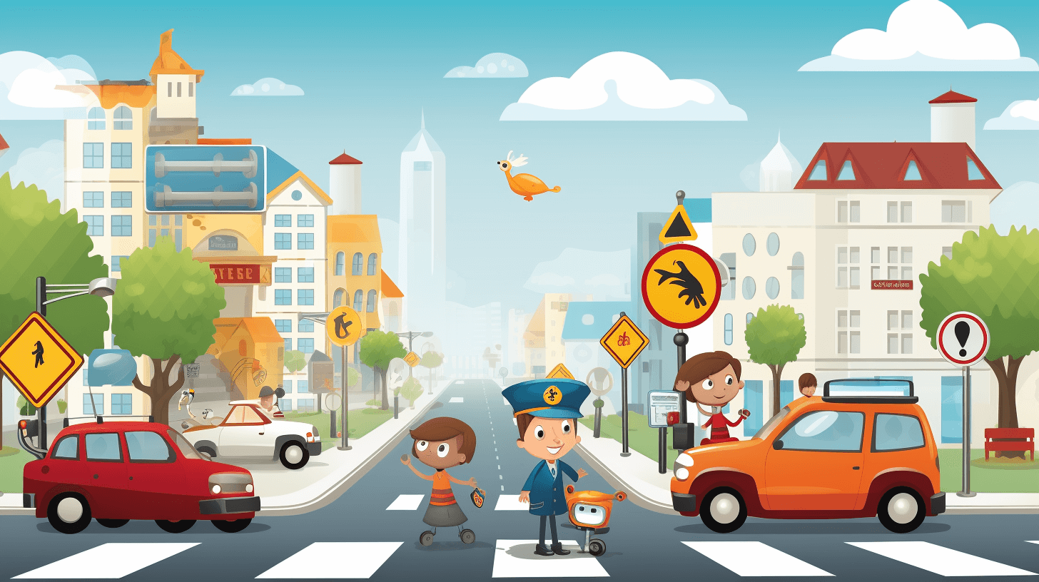 Children crossing the road at an intersection with traffic lights and police officers, cartoon style vector illustration, flat design, cute style, children’s book drawing, colorful city background. The illustration is in high resolution, high quality with high details, high definition and high contrast. The style is highly detailed, saturated and colorful with sharp and vibrant colors in the style of a high octane rendering.