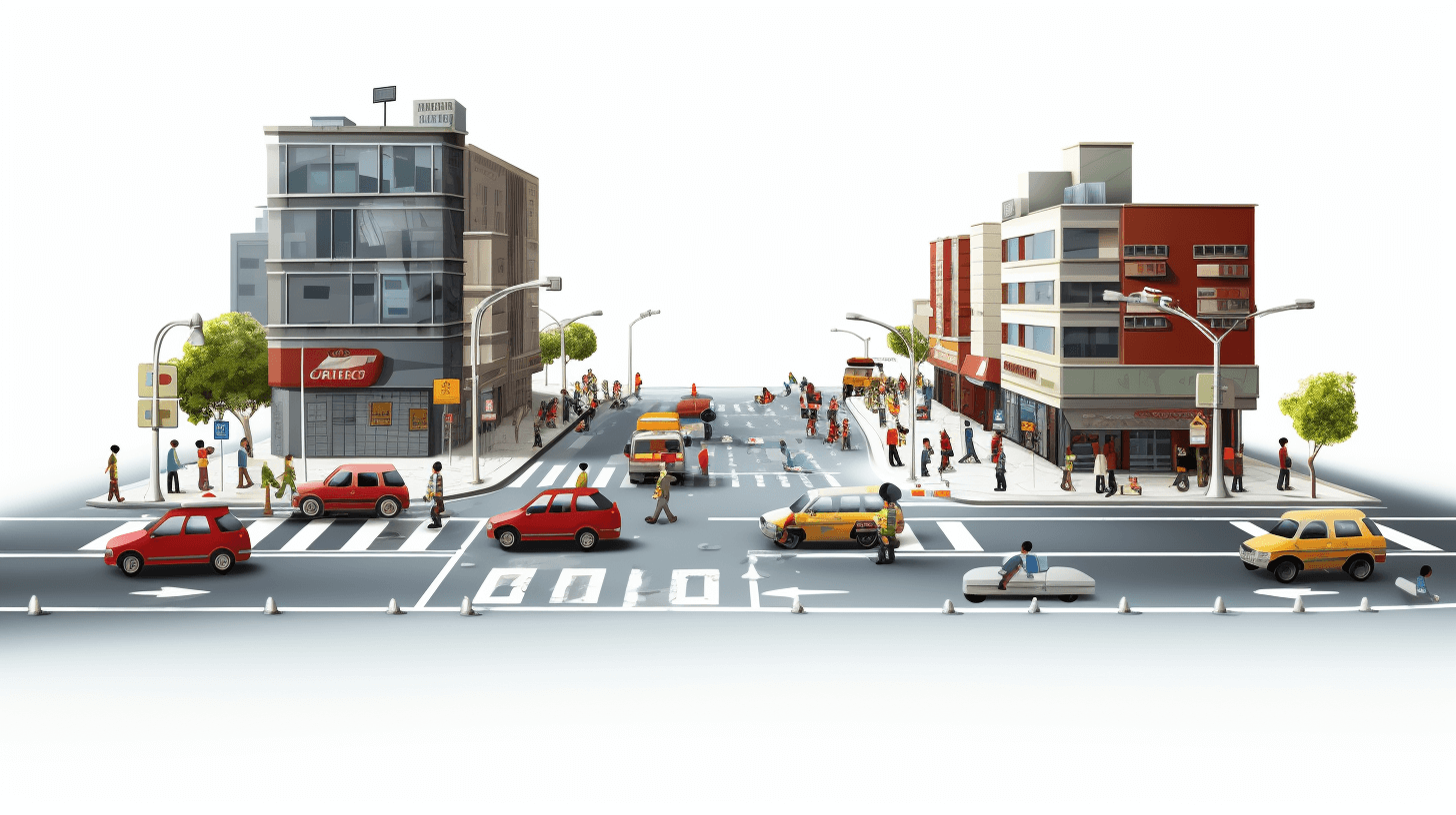 A busy city street with cars, pedestrians and buildings. The perspective is from the side of an intersection on white background. In front there’s one red car in traffic jam. There should be some people walking around, but they don’t need to take up too much space in the picture. On both sides you can see small office building and store. This style could create a sense that it was created by digital drawing software or vector graphics software like adobe illustrator.