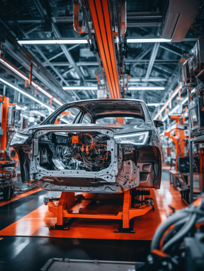 A high-end car factory is making cars, with an open vehicle body on the conveyor belt and various parts inside it visible. The background of the photo features orange accents and was taken with wide-angle lenses. This photo was taken in the style of a Sony A7R IV camera using Kodak Portra film. It has strong contrast between light and dark, highlighting details and textures in bright lighting conditions. Bright colors create vitality and dynamism.