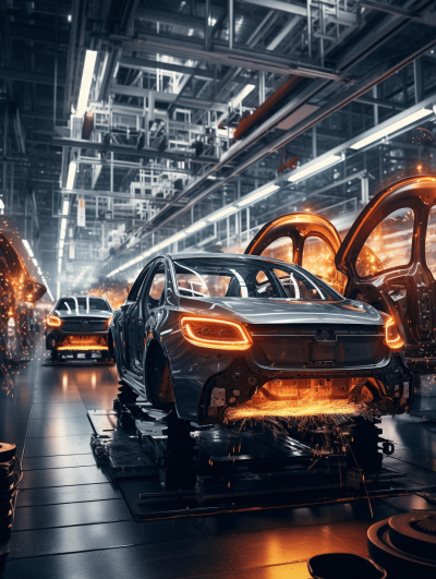 A photorealistic image of an electric car being made in the factory, surrounded by other cars on pallets and parts floating around. The scene is bathed with warm orange light from spotlights, creating a cinematic atmosphere. It captures intricate details like the texture of metal pieces or glass windows. In sharp focus amidst the chaos of production lines lies one single sleek vehicle with its hood open, showcasing glowing LED lights that illuminate interior components in the style of a photorealistic image.