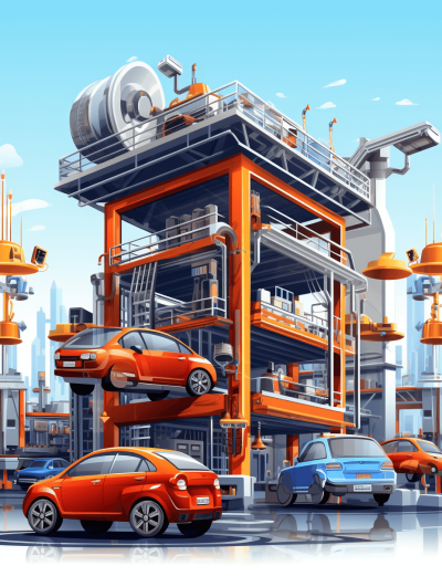 A car detailing center with cars stacked in the impressionist style, with bright orange and blue colors, set against the backdrop of an industrial cityscape. The scene includes a large central structure resembling a vertical parking lot for cars, adorned with various painting tools and equipment in the style of cartoon or anime.