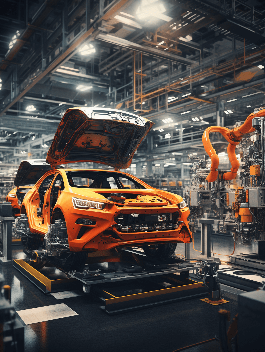 A new car is being built in the factory, with orange and black colors, shot in the style of Sony Alpha A9 II, using natural light, with high resolution photography, hyperrealistic details, ultrahigh definition images, as a full body portrait, with hyperdetailed skin texture, and professional color grading, soft shadows, no contrast, clean sharp focus, shallow depth of field, like a magazine cover, shot in the style of Nikon D850