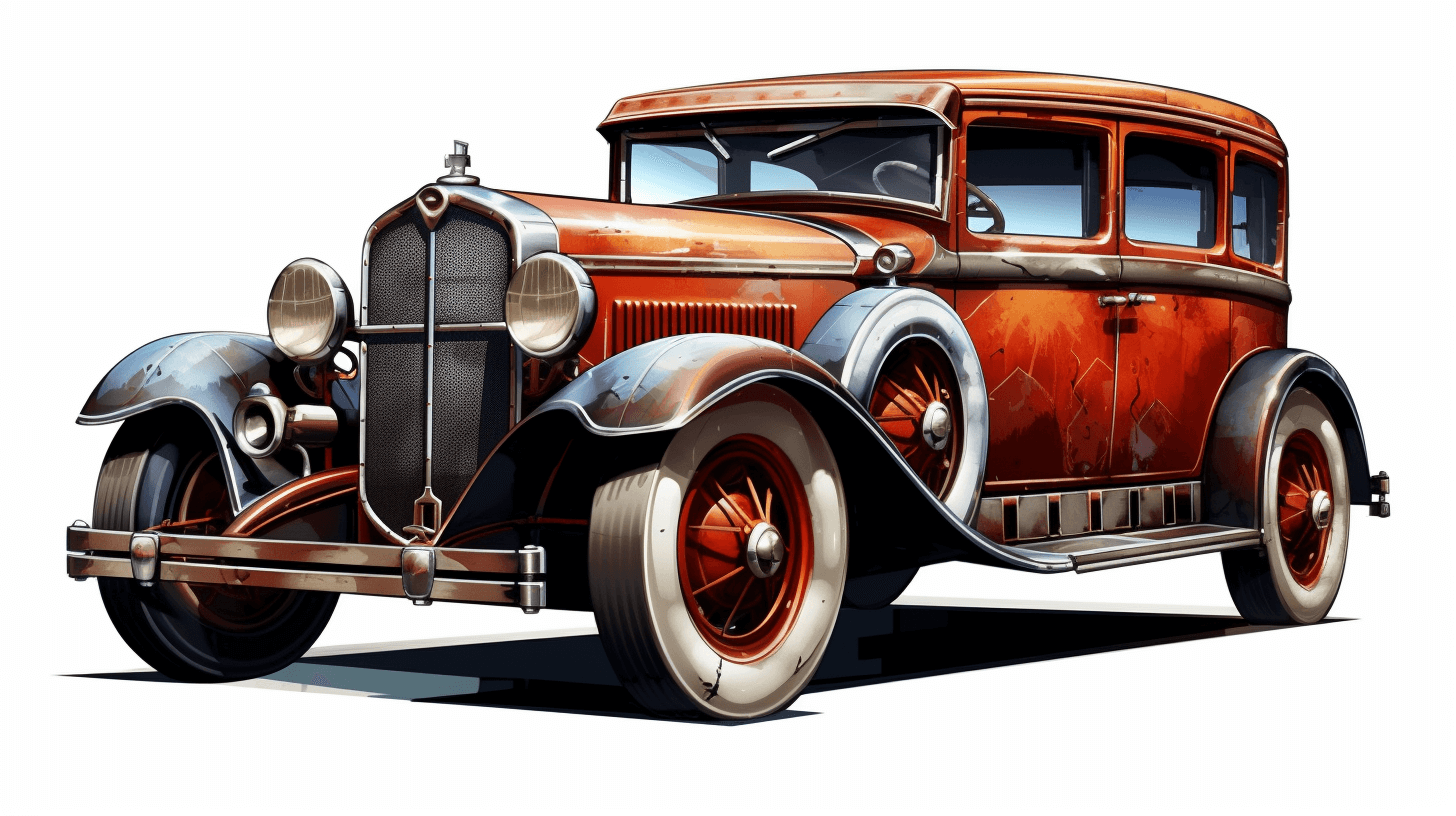 vintage art deco style illustration of an old car, solid white background, high resolution, no shading in the drawing, very detailed, ultrarealistic