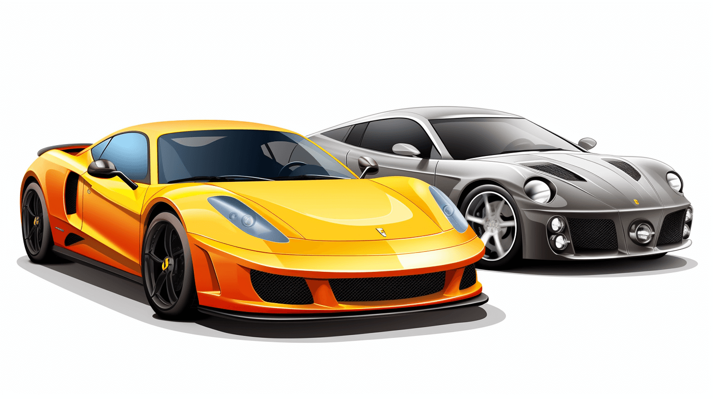 vector illustration of two sports cars, a yellow sports car on the left and a grey silver Ferrari sports car behind it, white background, in the style of clip art