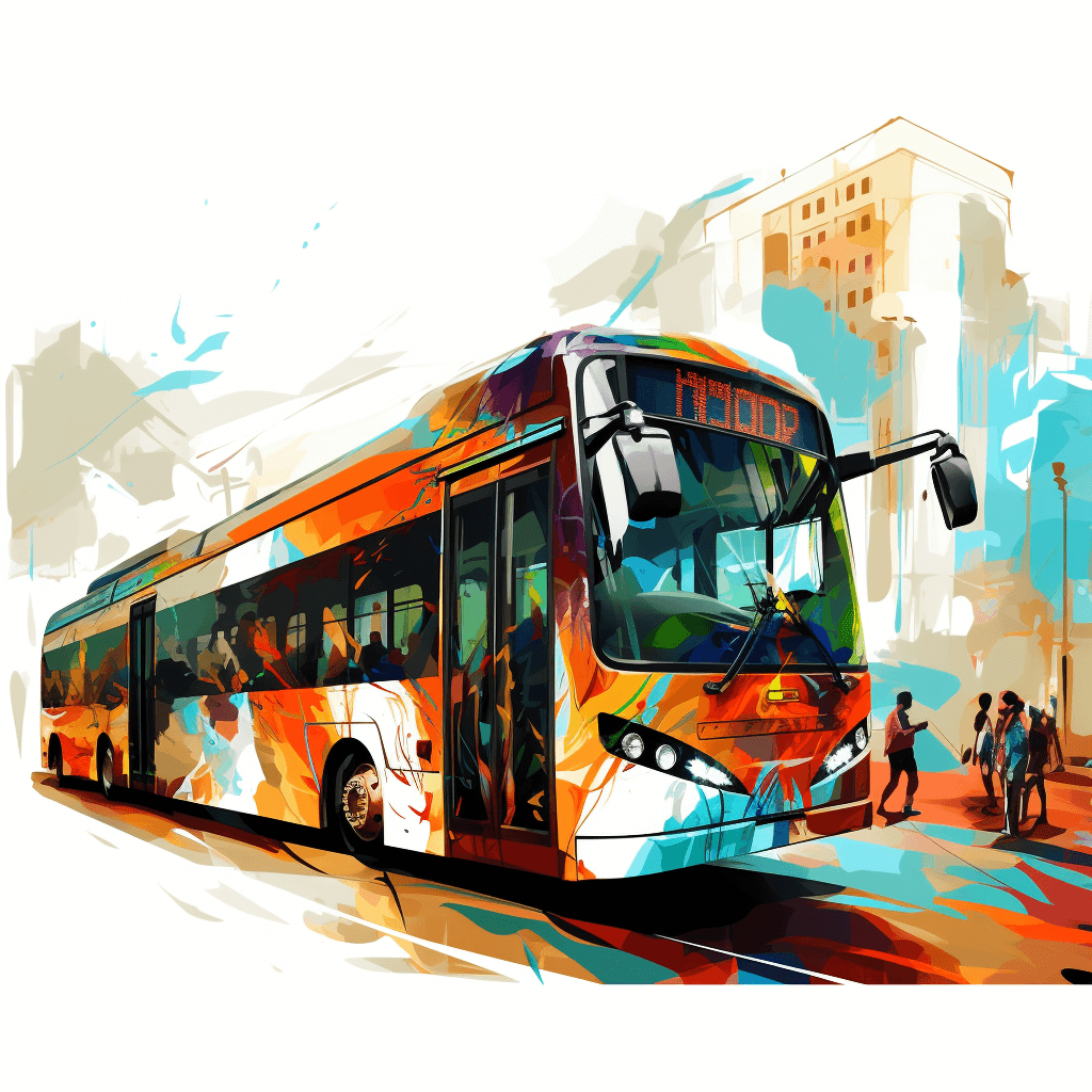 digital art of a modern bus in the city, white background, some people on board, colorful painting style in the style of orange and white, high resolution