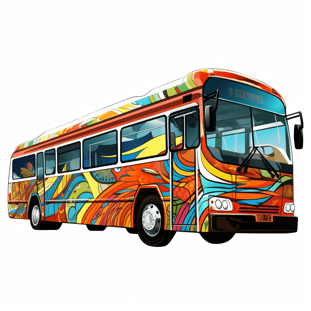 A colorful bus with psychedelic patterns in the style of clip art sticker, isolated on a white background, highly detailed and sharp in photo quality.