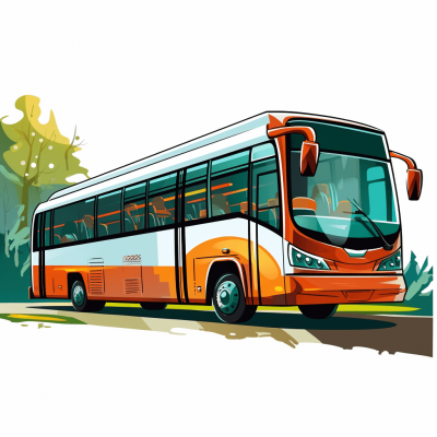 A modern bus in vector illustration style with white background, orange and brown color scheme, simple lines, white space on the left side of the frame, and an open road behind it. The bus is driving forward with passengers inside, and there's green vegetation in front of it. It has large windows for clear visibility from outside. There should be no text or other elements visible within the scene to keep focus centered around the vehicle. Vector art. No shadows. Isolated white background.