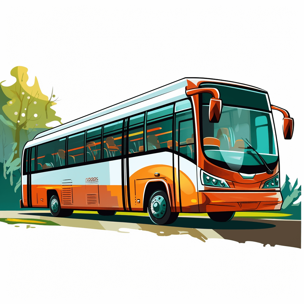 A modern bus in vector illustration style with white background, orange and brown color scheme, simple lines, white space on the left side of the frame, and an open road behind it. The bus is driving forward with passengers inside, and there’s green vegetation in front of it. It has large windows for clear visibility from outside. There should be no text or other elements visible within the scene to keep focus centered around the vehicle. Vector art. No shadows. Isolated white background.