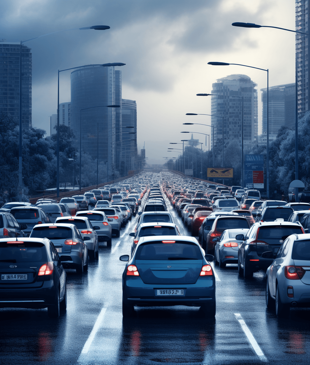 A long traffic jam on the highway in Tel Aviv, with many cars stuck back to the city center. In rainy weather. In the style of hyper realistic.