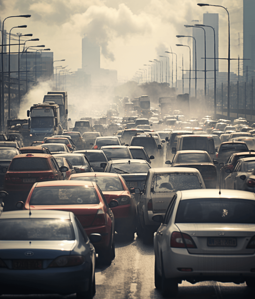 A traffic jam on the highway, cars full of people driving in all directions. A lot of smoke from car exhaust pipes. The city skyline is visible behind them.
