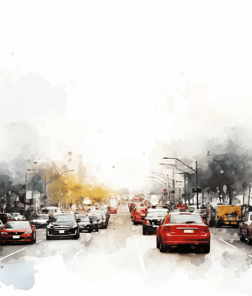 Watercolor painting of busy city street with cars, vector illustration on white background, simple and clean design, watercolour splashes around, blurred edges, subtle gradients