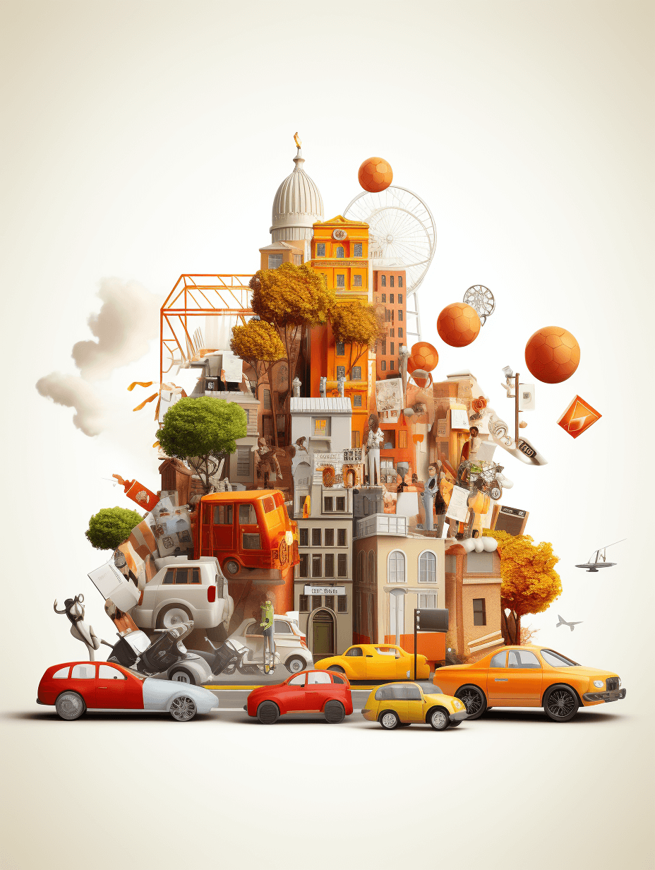 A creative composition of buildings, cars and people in the style of illustration, with elements such as orange balls flying around, on white background. A large sculpture made from different objects is placed at its center, creating an atmosphere of creativity and fun. The colors used to create visual harmony between various items.