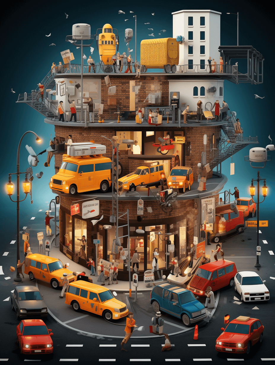 A cross-section of an urban building with cars, people and other objects inside it. A busy street outside the window, with a toy car on top of another in front. There is a tall yellow truck standing next to each one. There are many different characters and vehicles around it, in the style of vector illustration, on a dark blue background, with high resolution details.