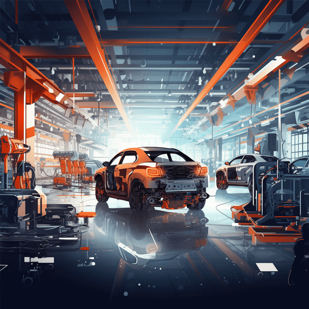 A car factory with orange and white colors, cars being assembled in the foreground and robot arms working on parts of vehicles in an industrial setting with bright lighting and reflections, creating a high-tech atmosphere with a futuristic vibe. Digital illustration with detailed textures to add depth and realism.