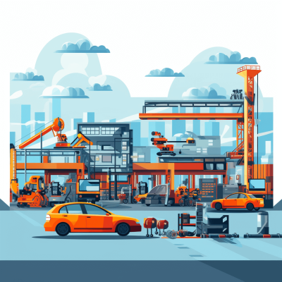 A car factory with cranes and cars being built, in a flat design style illustration with an orange color scheme. Vector graphics show industrial buildings on a white background with a blue sky. Simple lines and flat colors create an industrial atmosphere. The high resolution, high quality image has high detail, sharpness and contrast. The style is reminiscent of professional photography with professional lighting and color grading techniques such as HDR rendering.