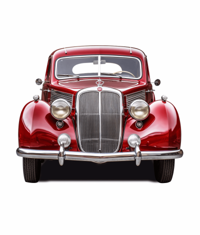 A red vintage car from the year of 20th century, front view, white background, photorealistic, hyperrealism, high resolution, high detail, HDR