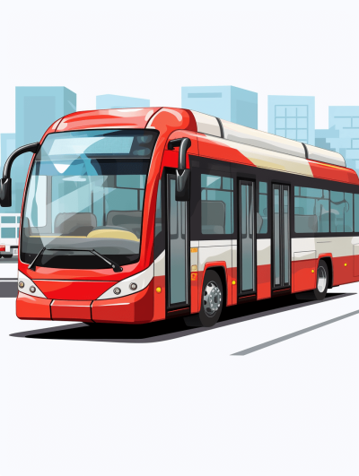 A red bus, vector illustration style with flat design and white background. In the city, it is on an asphalt road, next to buildings. The front of its body has large windows that show off details inside. It's in the style of cartoon art. Red lines highlight key points. High resolution, high quality, high detail. A4 format. Vector graphics, vector images.