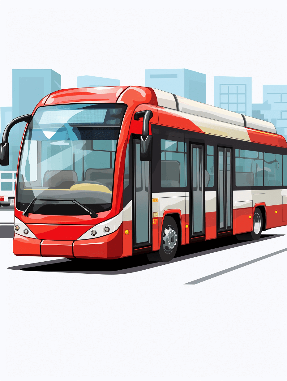 A red bus, vector illustration style with flat design and white background. In the city, it is on an asphalt road, next to buildings. The front of its body has large windows that show off details inside. It’s in the style of cartoon art. Red lines highlight key points. High resolution, high quality, high detail. A4 format. Vector graphics, vector images.