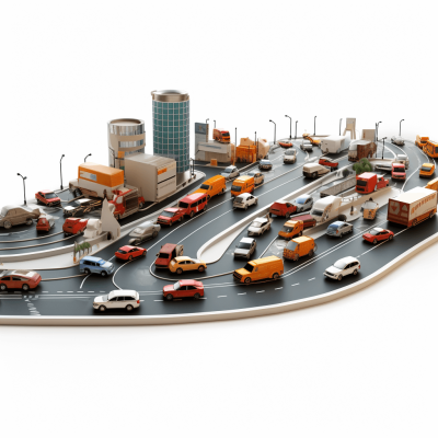 A model of the highway with cars and trucks on it. A large number of vehicles stuck in a traffic jam near some buildings. On a white background. In the style of paper quilling. Minimalist design, 3D render, hyper realistic style, white background.