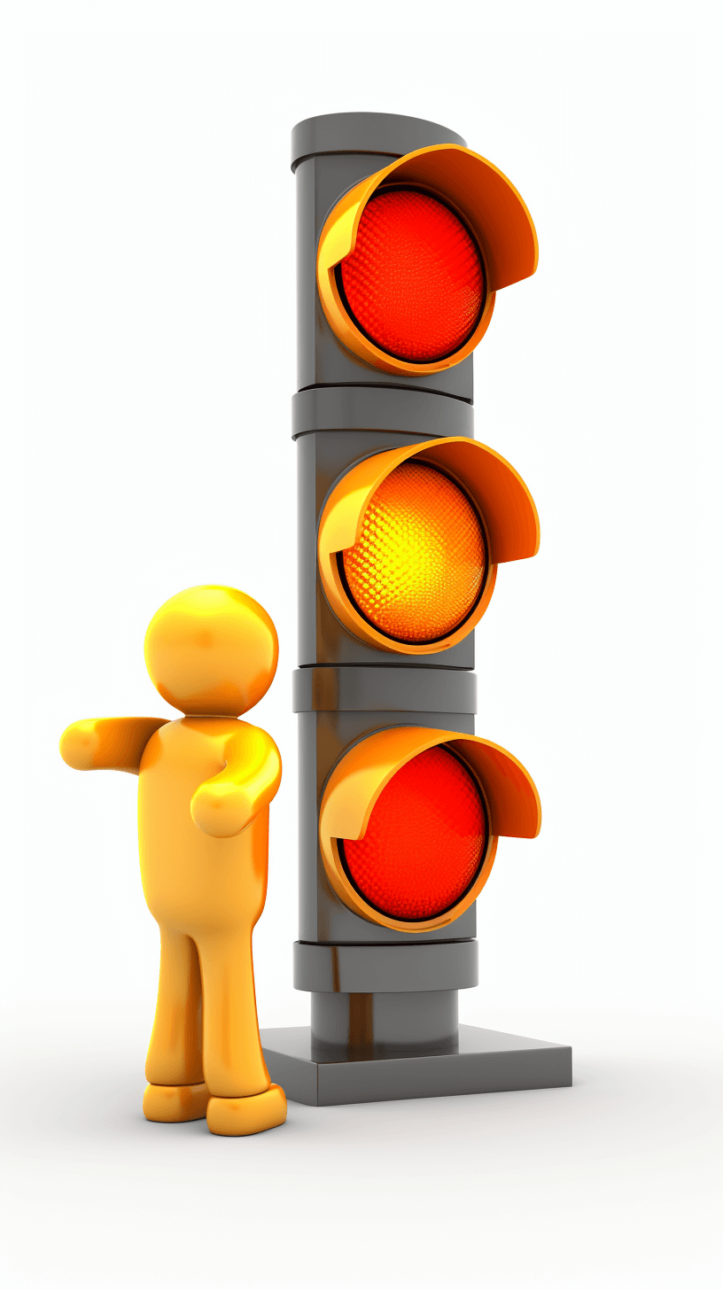 3D cartoon in the style of Pixar, person standing next to a traffic light with red lights on illuminated on a white background, minimally editing the original text.