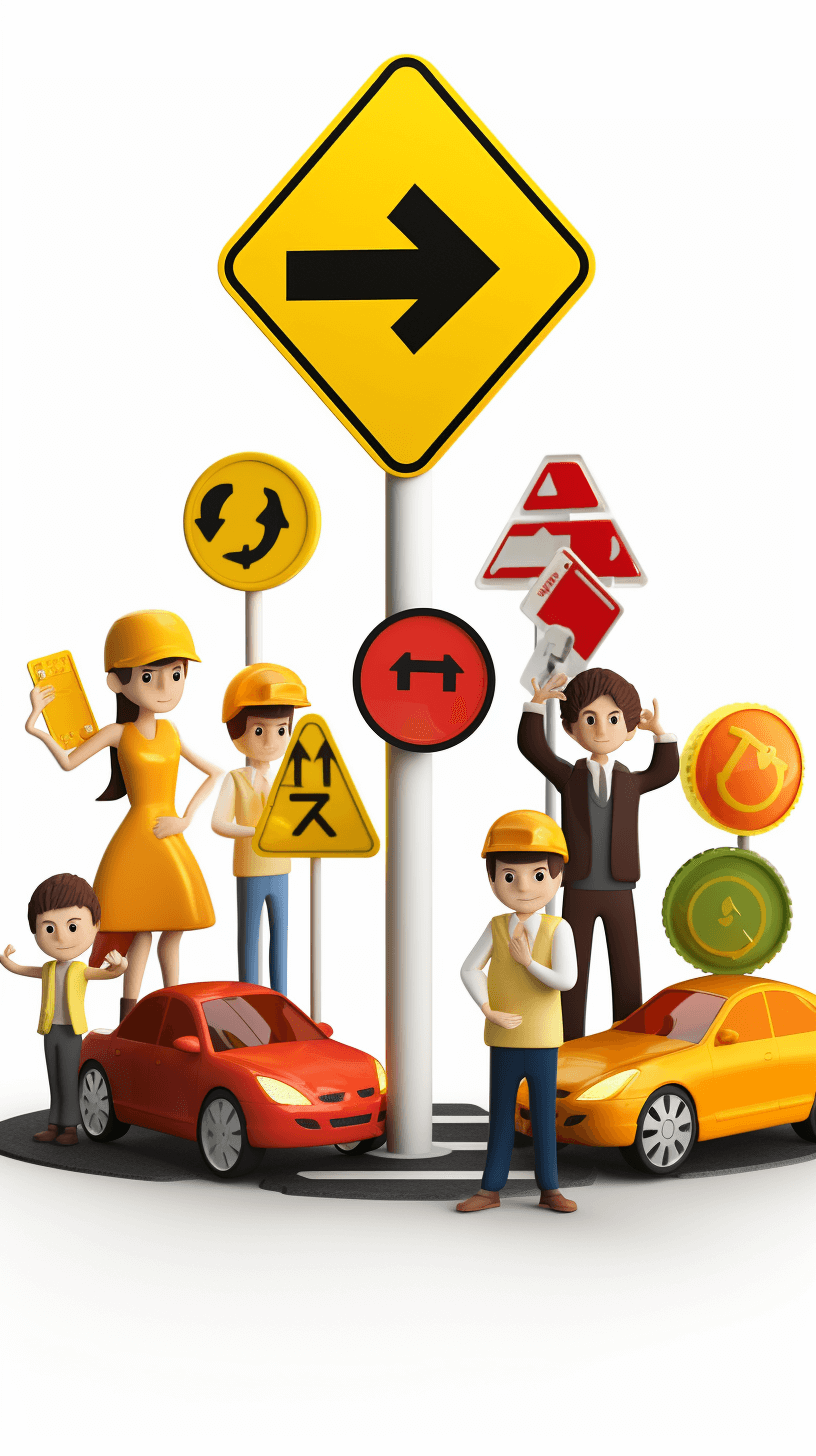 Illustration of various traffic signs and characters holding up road safety symbols, on a white background, in a cartoon style, with 3D rendering, at a high resolution, as a professional illustration, with character design, including traffic vehicles, with highly detailed elements and a sharp focus, with depth of field effects.