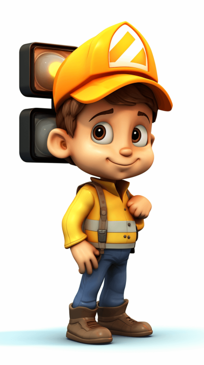 A cartoon boy in construction stands next to the traffic light, wearing an orange cap with white letters on it and holding two lights over his shoulders. He has big eyes and brown hair, dressed in yellow shirt blue pants black shoes, 3D rendering isolated on pure white background, pixar style