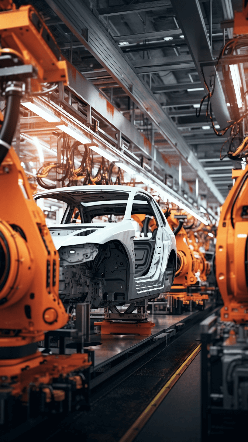 Car production line with robotic arms, orange and white color scheme, industrial photography style, vertical composition, symmetrical layout, bright lighting environment, wideangle lens, car frame construction details, cool tones, high saturation. in the style of industrial photography.