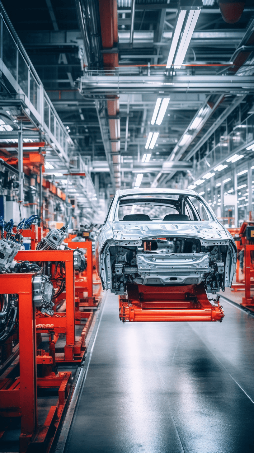 Car production line with the frame of an electric car being assembled in a modern factory hall in gray and orange tones. A high resolution, high quality, high detail, cinematic photograph in the style of Canon nikon dslr camera.