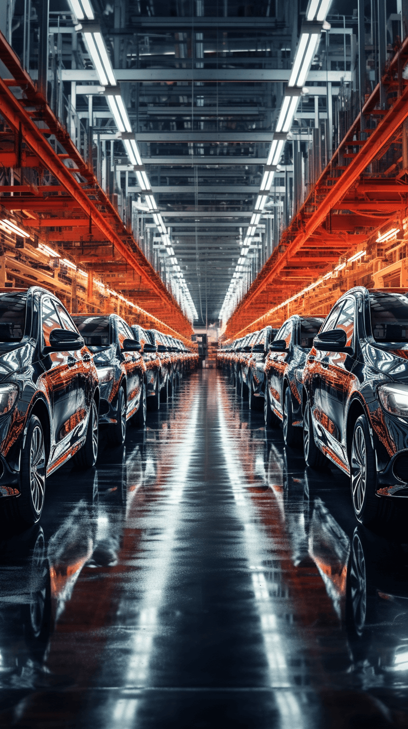 A high-end car factory with rows of new cars, an orange and black color scheme, a symmetrical composition, captured with a wide-angle lens, under indoor lighting in a bright environment, with high-definition photography producing cool tones, showing professional industrial scenes.