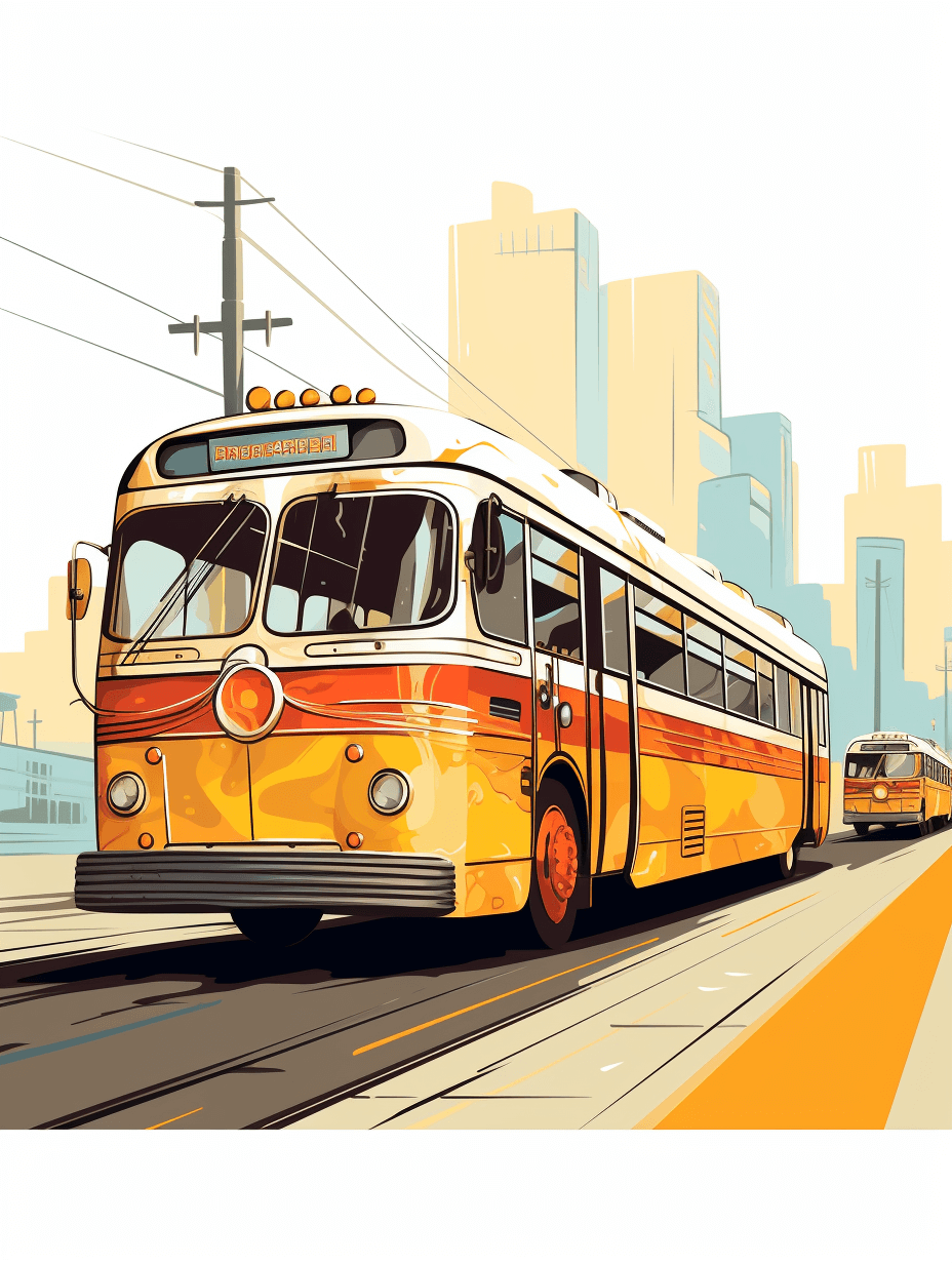 vector illustration of a retro streetcar with a city background and a yellow and orange color palette. The illustration is in the style of retro streetcars from the past with a cityscape in the background.