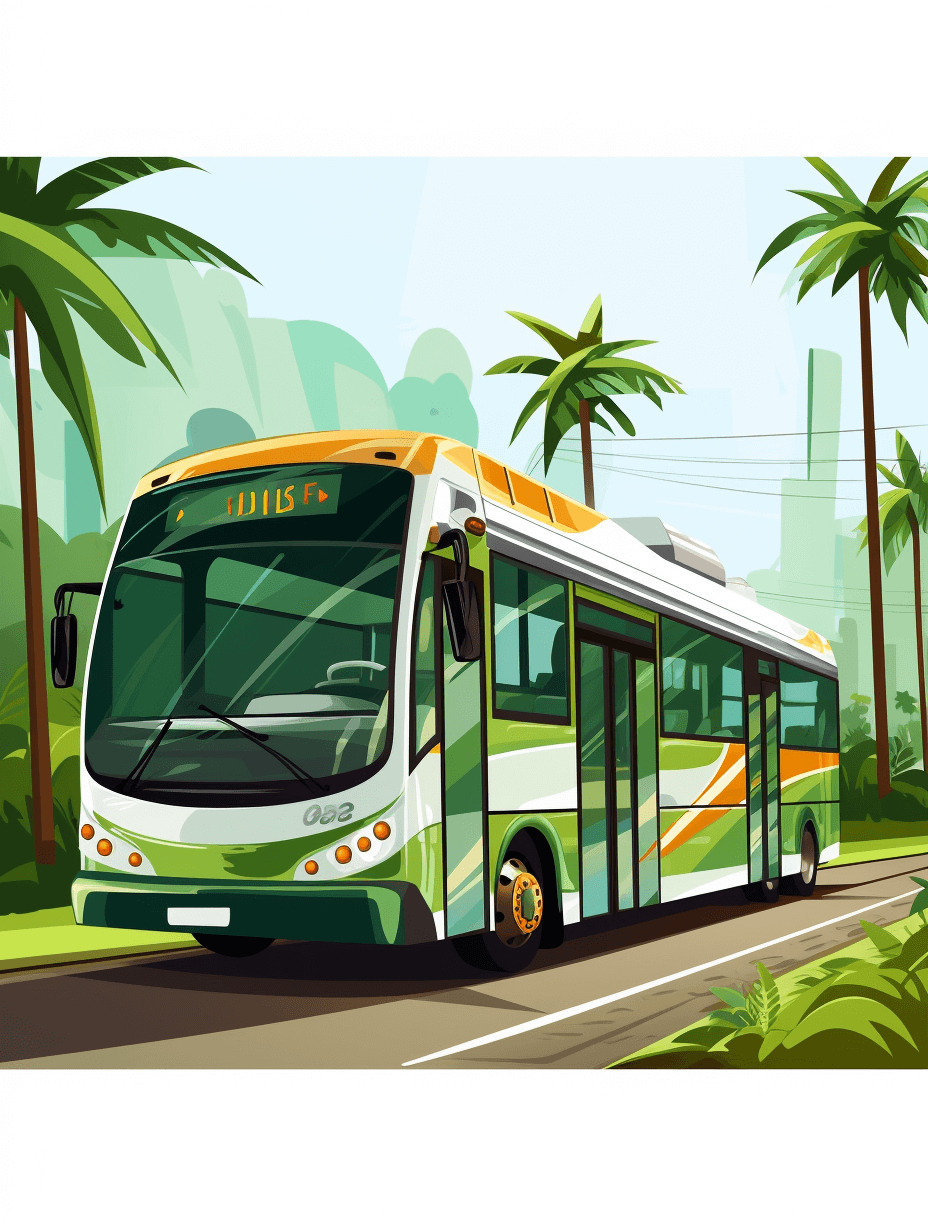 A modern bus with green and white color on the road in front of palm trees, flat design illustration in the style of vector graphic, flat colors, simple lines, high resolution, high quality, high details, high contrast, no shadows, no gradient shading, vector graphics, white background, 2D, vector art, flat design, high detail, high resolution, high definition.