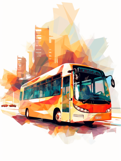 vector illustration of a modern bus with a city background in a low poly style using a white and orange color palette. The illustration is in the style of modern bus, city background, white and orange color palette, low poly style.