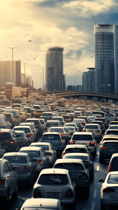 A huge traffic jam occurred on the highway in a modern city, with cars from left to right and tall buildings and skyscrapers in the background at sunset time. The photography had an ultra realistic style.