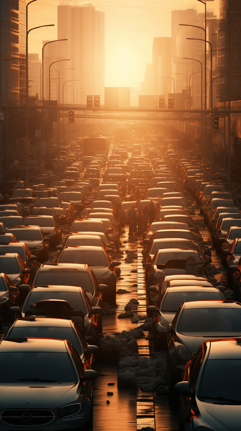 A city street full of cars, the sun is setting and it’s cold. Many people walk on both sides of the vehicles. Hyperrealistic in the style of cinematic, high resolution with very detailed and super realistic images in sharp focus. Intricate details are highly detailed in high definition and high quality.