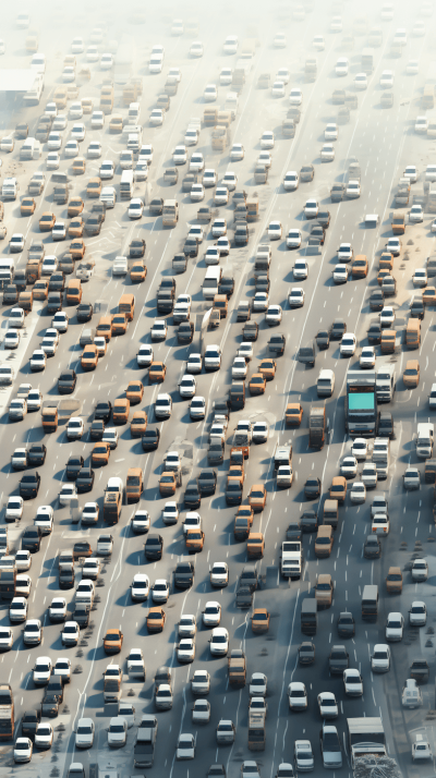 A large number of cars were stuck in traffic, with many cars on the highway. A bird's eye view of a huge road full of vehicles and tall buildings. The background is blurred with soft colors. It has a light gray tone and features a detailed rendering style. In a style resembling cinematic realism, the scene includes digital elements such as LED screens and holograms.