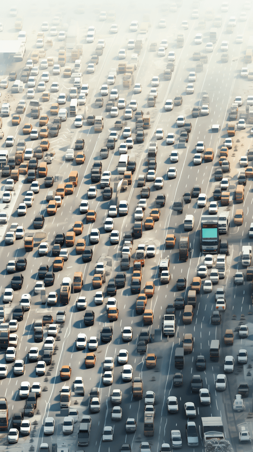 A large number of cars were stuck in traffic, with many cars on the highway. A bird’s eye view of a huge road full of vehicles and tall buildings. The background is blurred with soft colors. It has a light gray tone and features a detailed rendering style. In a style resembling cinematic realism, the scene includes digital elements such as LED screens and holograms.