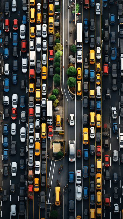 Aerial view of cars stuck in a traffic jam during rush hour, depicting the concept of urban organized chaos and a window into city life. The composition captures vehicles from above with detailed attention to colors, patterns, and details of individual car designs.