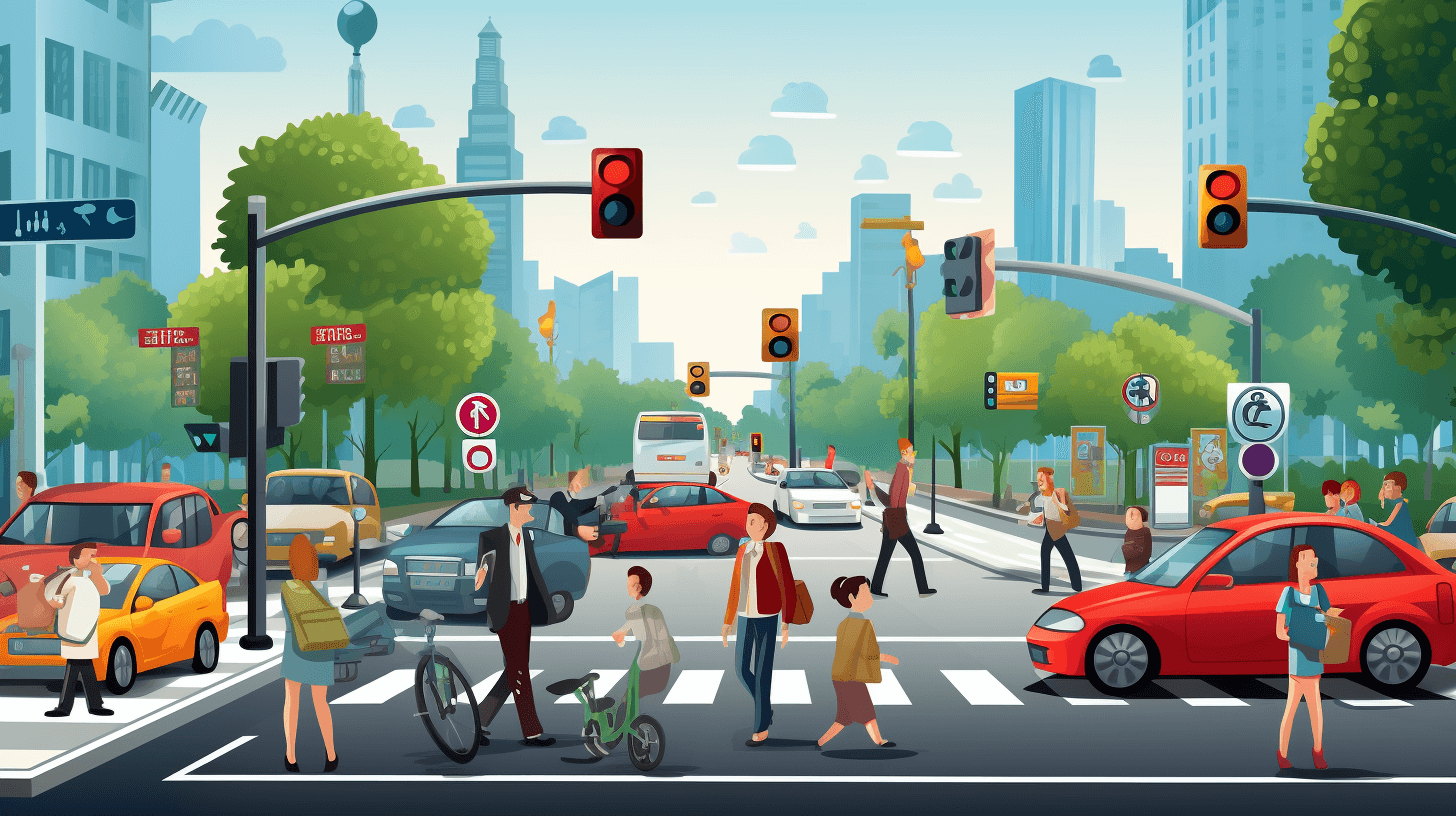 vector illustration of a busy city street with people crossing the road, cars, and traffic lights in a wide angle view.